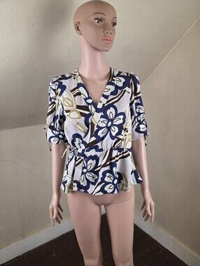 APOF Floral Wrap Blouse Size S Blue White Brown Peplum Viscose Tie Sleeve Top